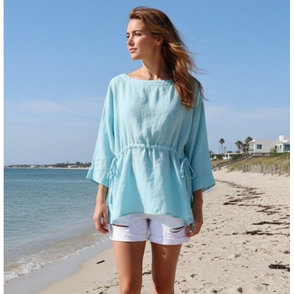 Eileen Fisher Tops - Eileen Fisher Size M Blouse Handkerchief Linen Bateau Neck 3/4 Sleeve Coastal